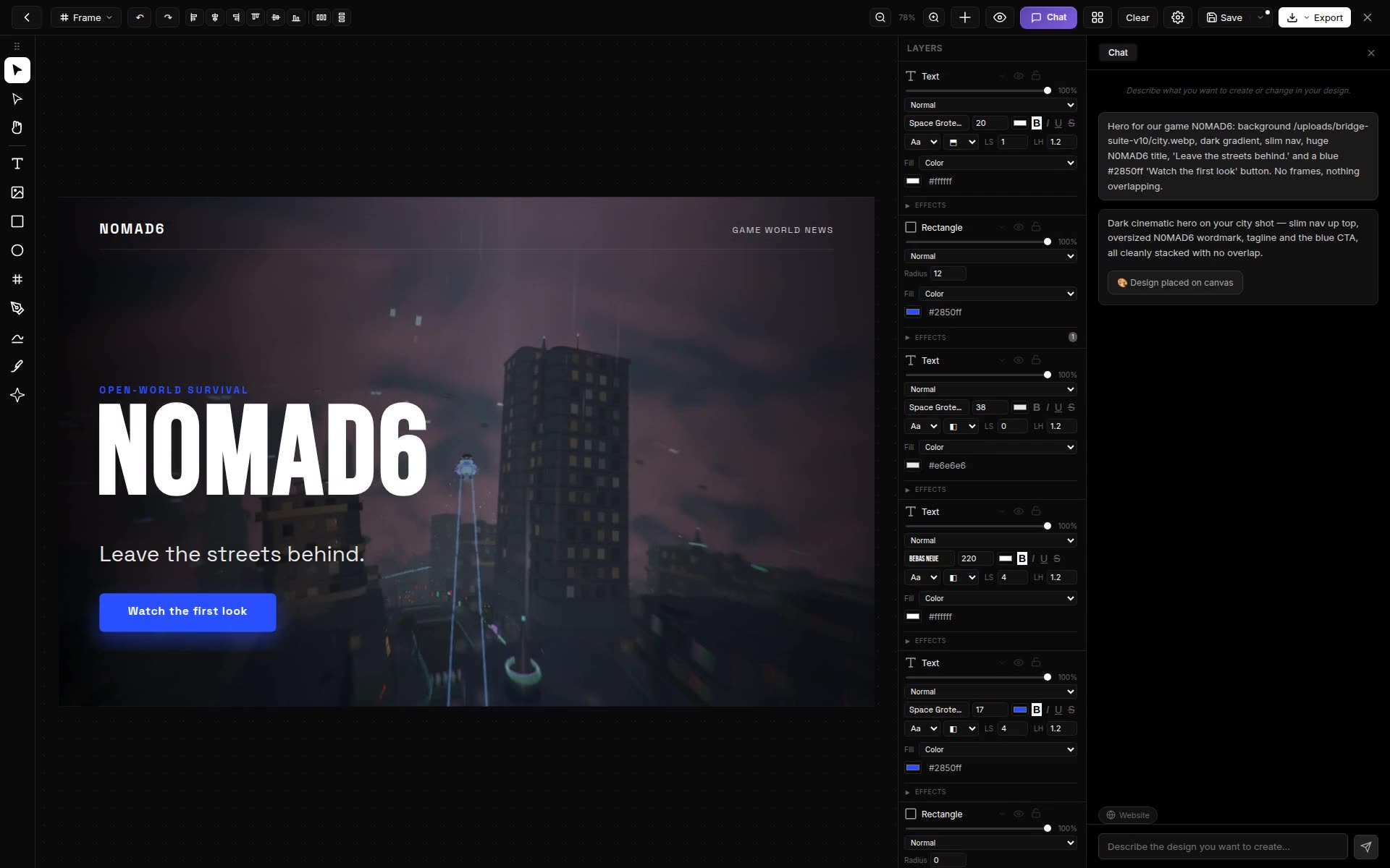 A prompt in the chat panel turns into an editable website hero for the game N0MAD6
