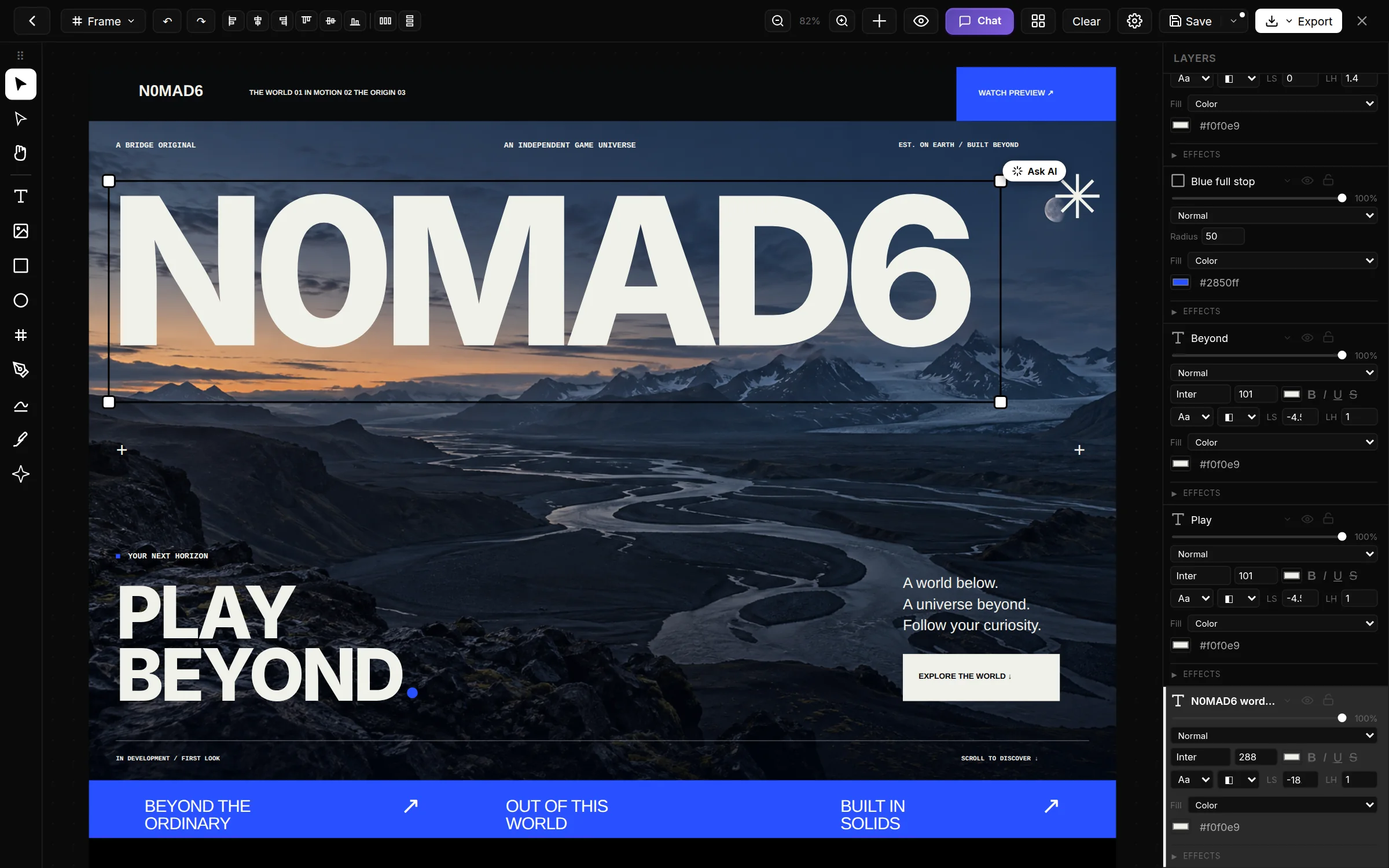 The Designs editor with the N0MAD6 game website on the canvas, the N0MAD6 headline selected and the layers panel open