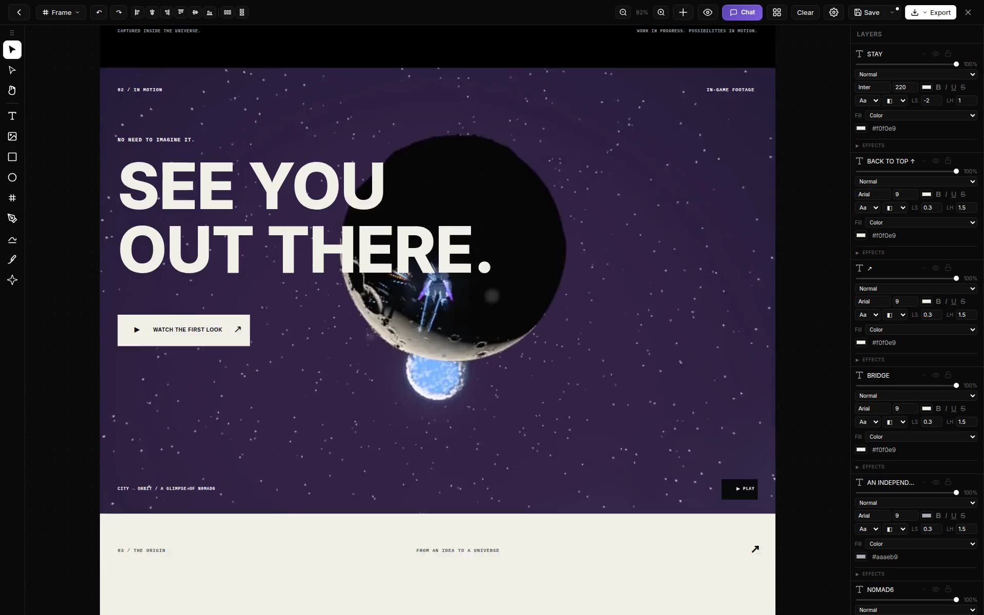Scrolling down the full N0MAD6 landing page in the editor, then opening the code export with React, Tailwind and HTML tabs